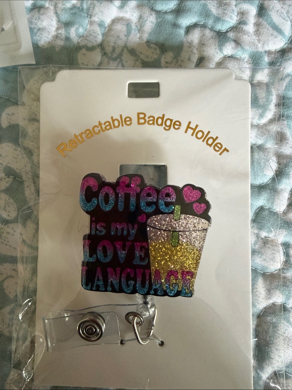 Coffee Is My Love Language Retractable Badge Holder - Glitter Pink Blue Gold